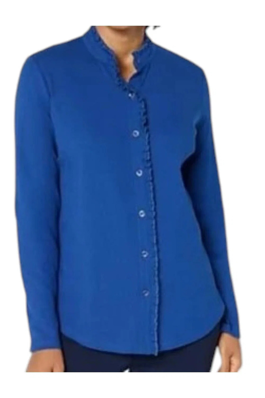 Isaac Mizrahi Live! Women's Knit Button Front Shirt Ruffle Drk Blue - Regular